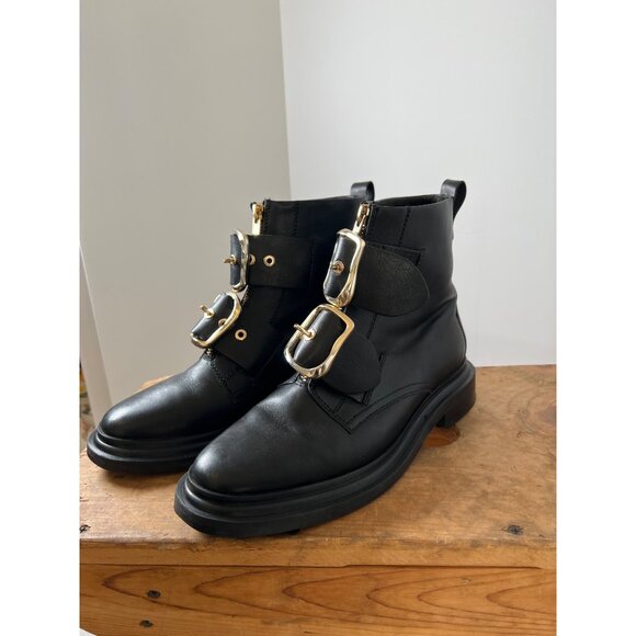 ASOS Black Leather Gold Metal Double Buckle Ankle Biker Boot US Size 6 UK Size 4 - Picture 11 of 14